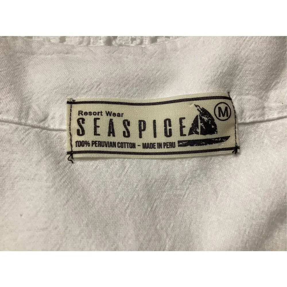 SEASPICE White 100% Peruvian Cotton Crochet Lace Trim V-Neck Tunic Cover Up sz M